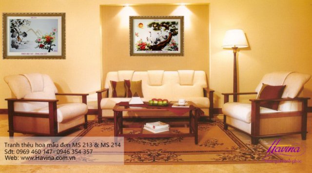 Tranh thêu hoa mẫu đơn treo phòng khách