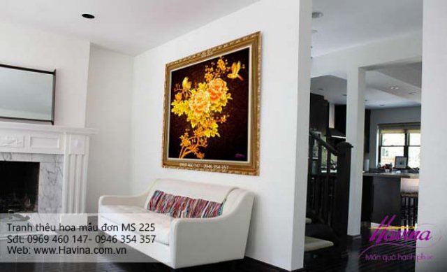 Tranh thêu hoa mẫu đơn treo phòng khách