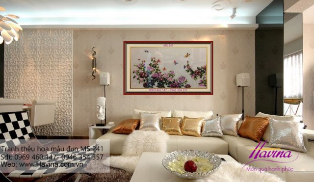 Tranh thêu hoa mẫu đơn treo phòng khách