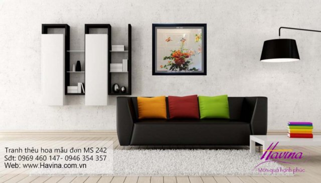 Tranh thêu hoa mẫu đơn treo phòng khách