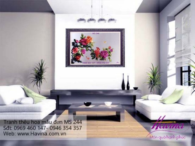 Tranh thêu hoa mẫu đơn treo phòng khách