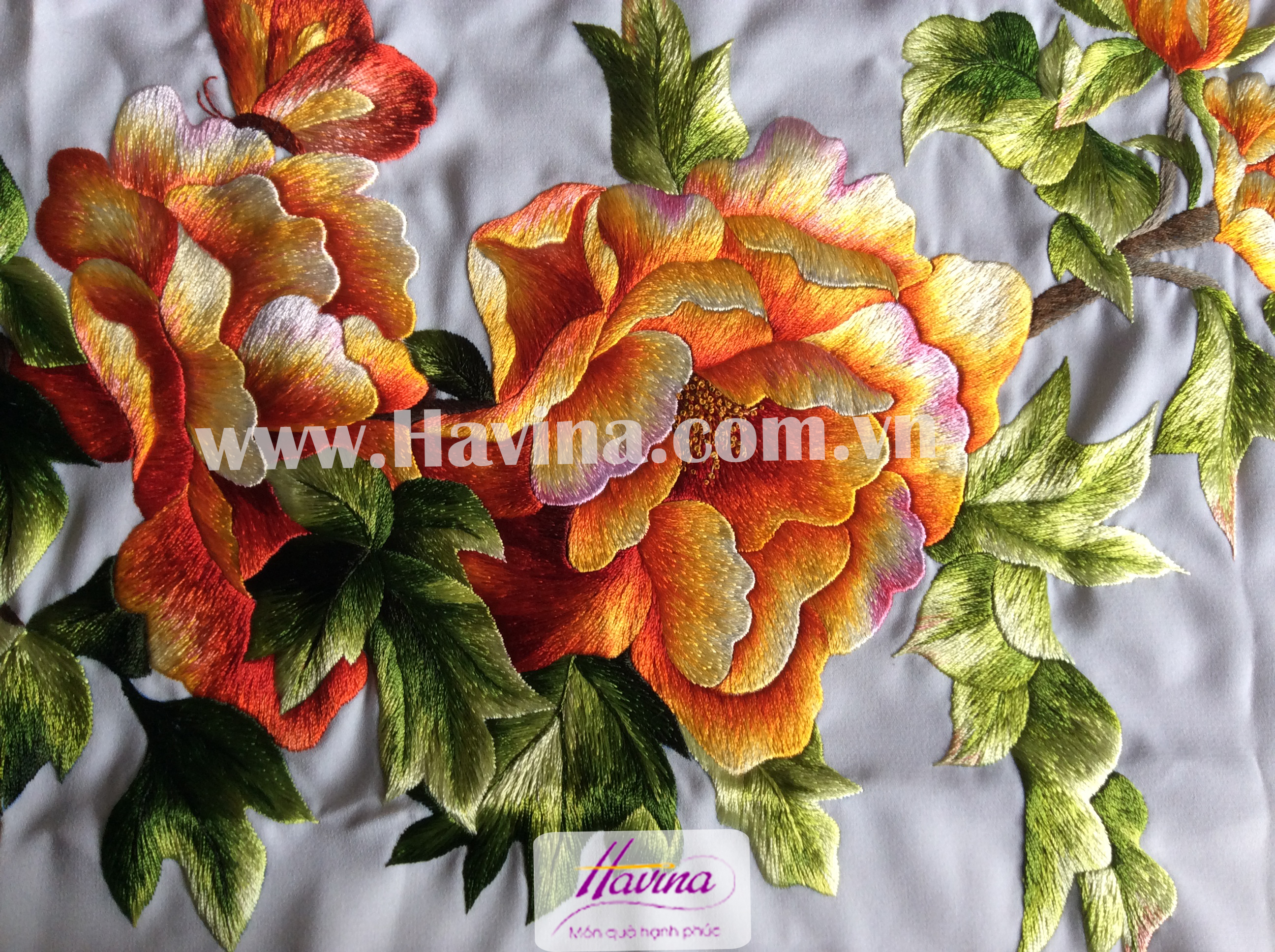 Tranh thêu hoa mẫu đơn