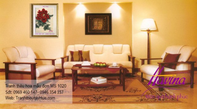 Tranh thêu hoa mẫu đơn treo phòng khách
