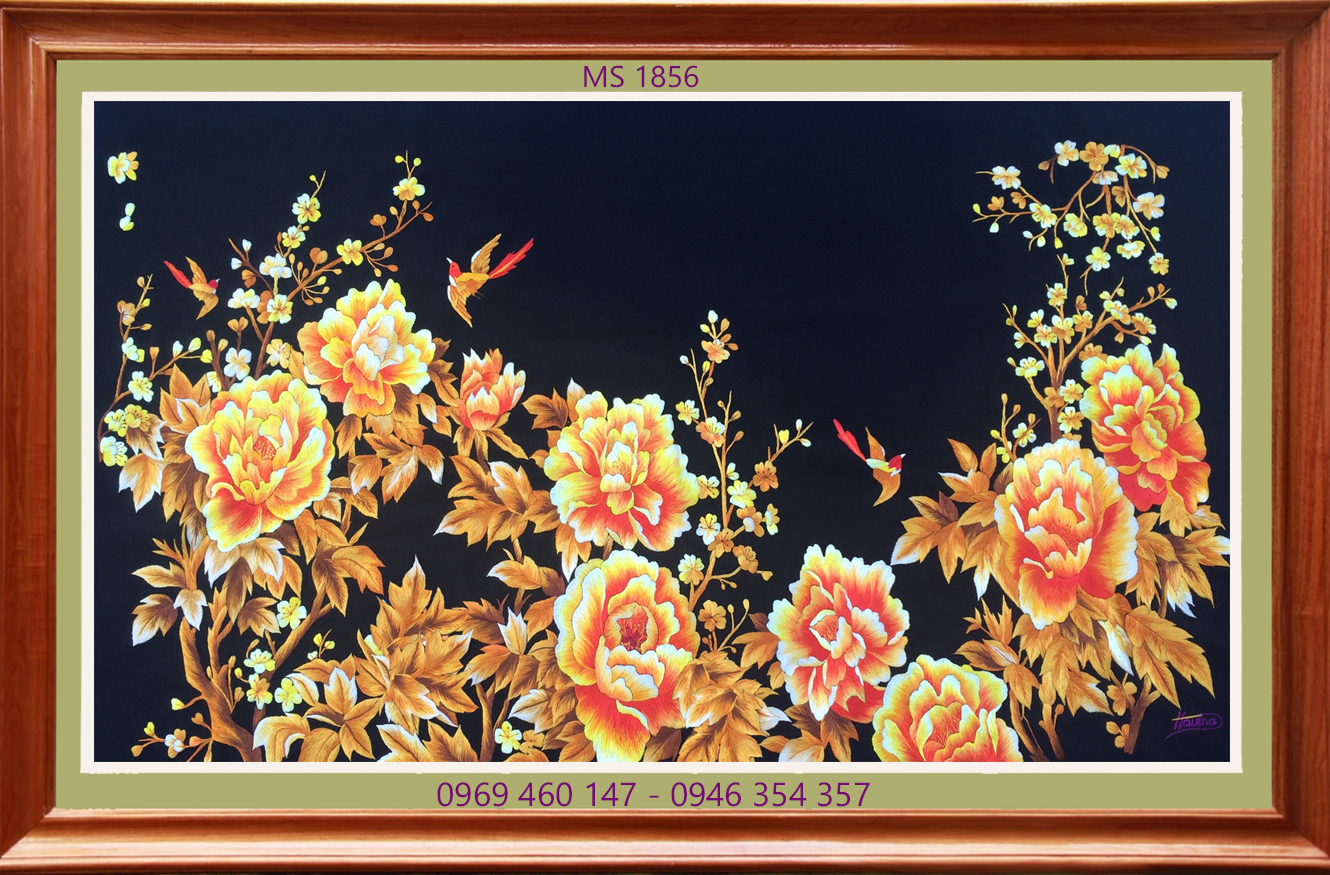 Tranh thêu hoa mẫu đơn 09 bông MS 1856 Tranh thêu hoa mẫu đơn 09 bông MS 1856