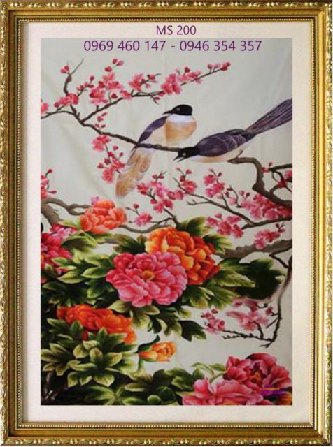 Tranh thêu hoa mẫu đơn treo phòng khách