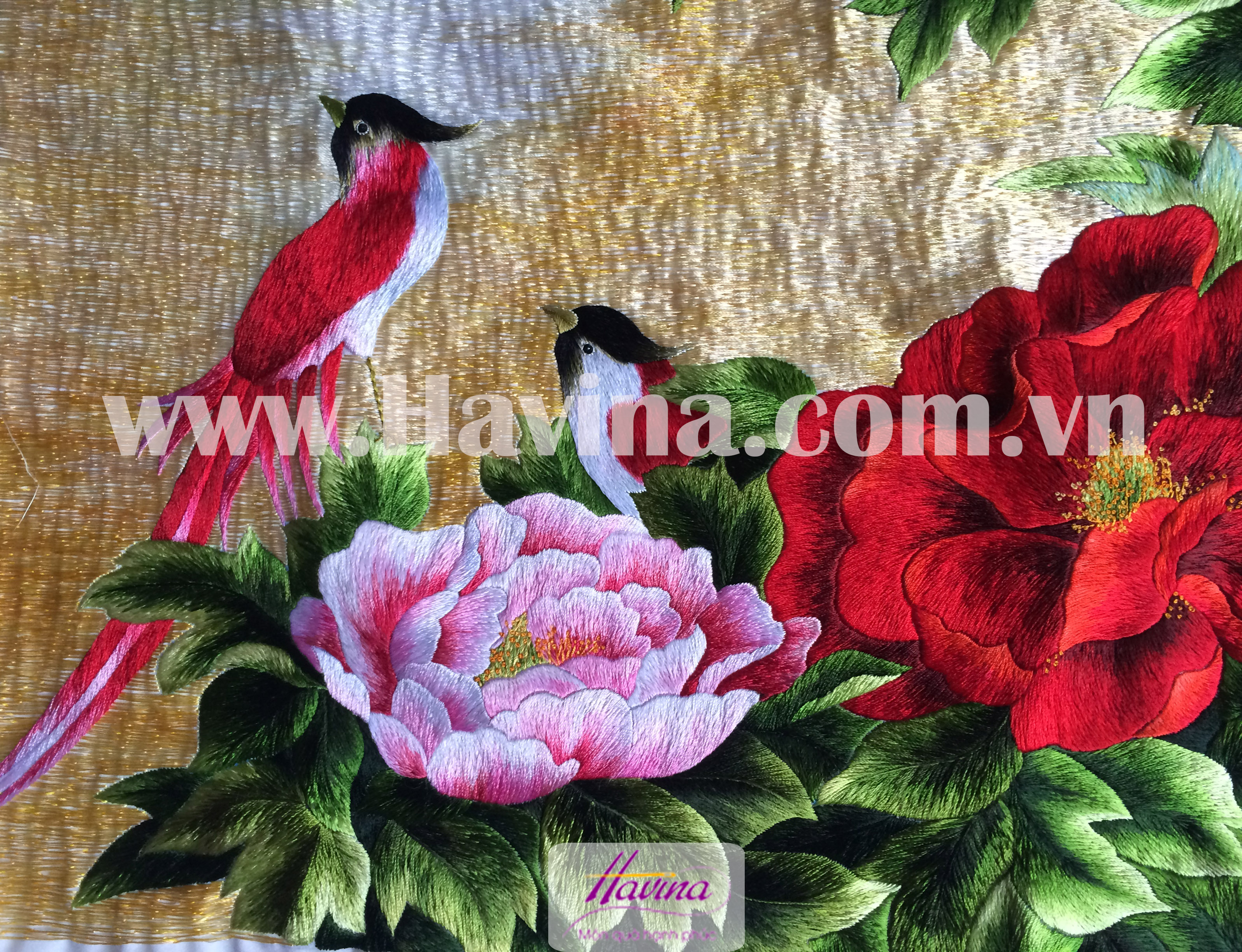 Tranh thêu hoa mẫu đơn