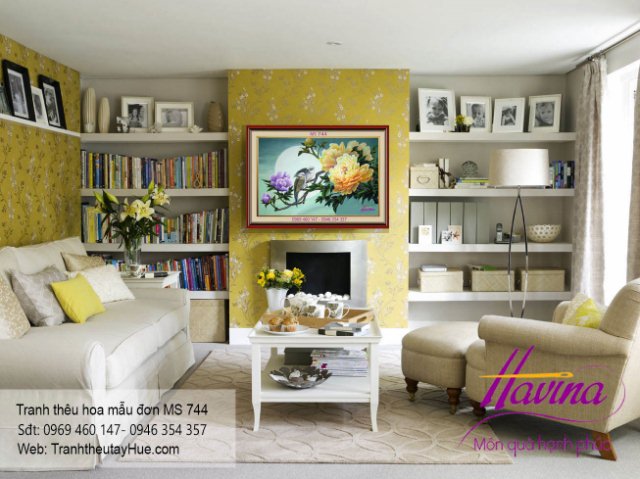 Tranh thêu hoa mẫu đơn treo phòng khách