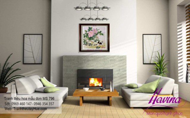 Tranh thêu hoa mẫu đơn treo phòng khách