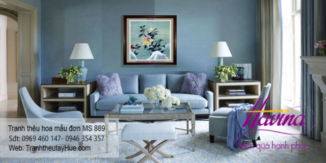 Tranh thêu hoa mẫu đơn treo phòng khách