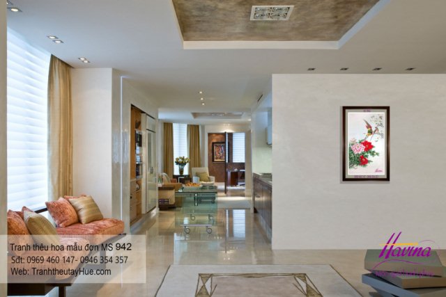 Tranh thêu hoa mẫu đơn treo phòng khách