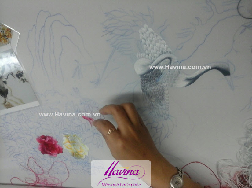 Tranh thêu tùng hạc mẫu đơn