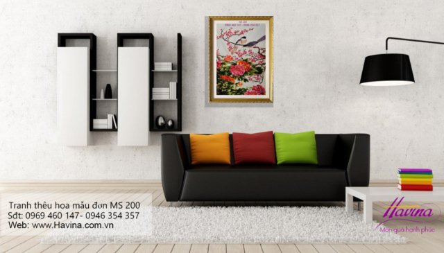 Tranh thêu hoa mẫu đơn treo phòng khách