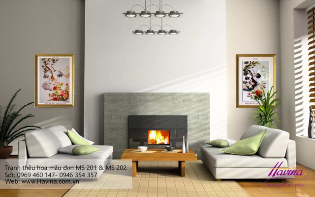 Tranh thêu hoa mẫu đơn treo phòng khách