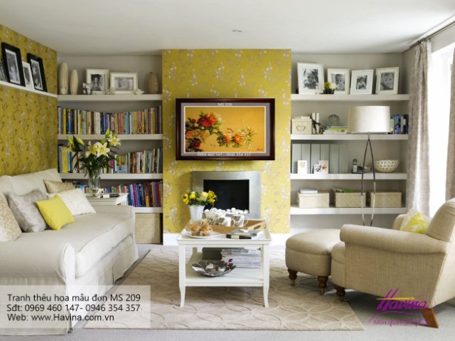 Tranh thêu hoa mẫu đơn treo phòng khách