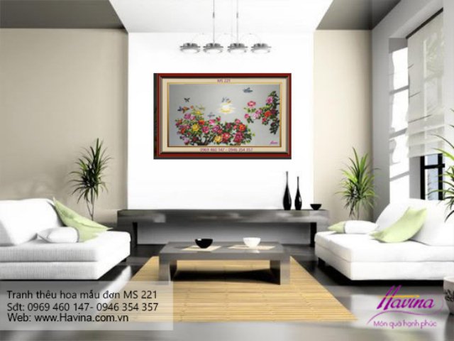 Tranh thêu hoa mẫu đơn treo phòng khách