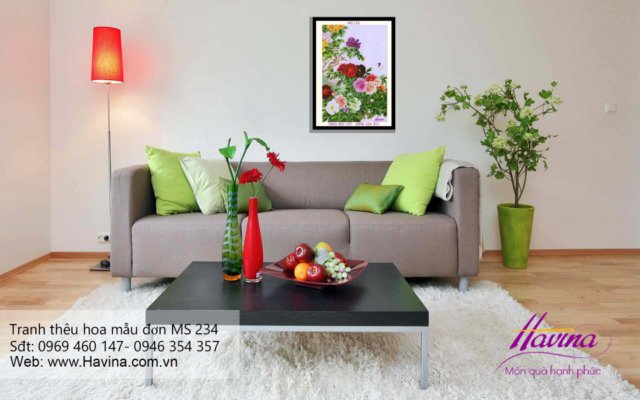 Tranh thêu hoa mẫu đơn treo phòng khách