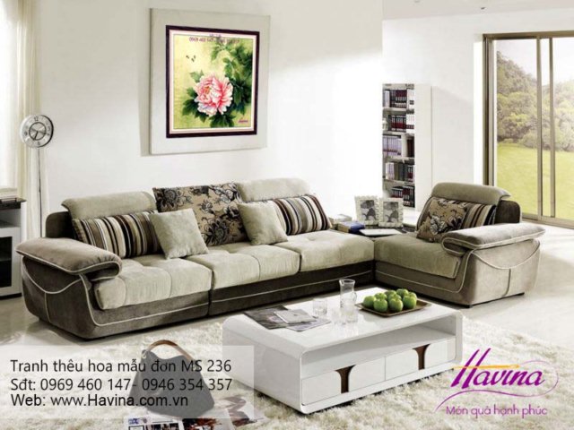 Tranh thêu hoa mẫu đơn treo phòng khách