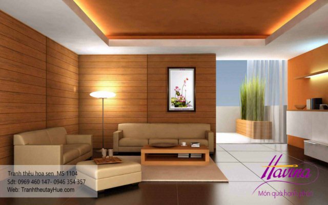 Tranh thêu hoa sen treo phòng khách