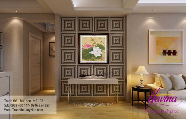Tranh thêu hoa sen treo phòng khách