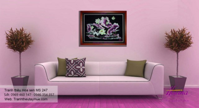 Tranh thêu hoa sen treo phòng khách