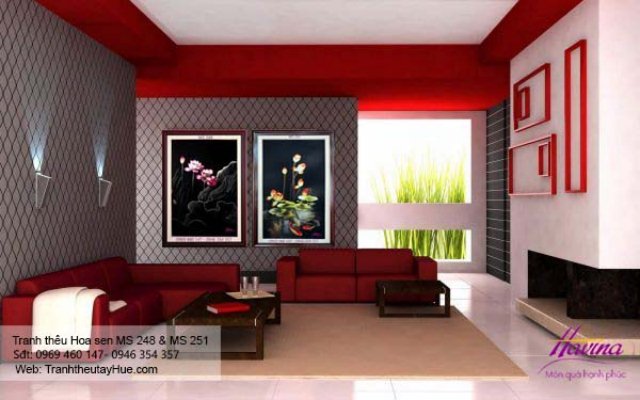 Tranh thêu hoa sen treo phòng khách
