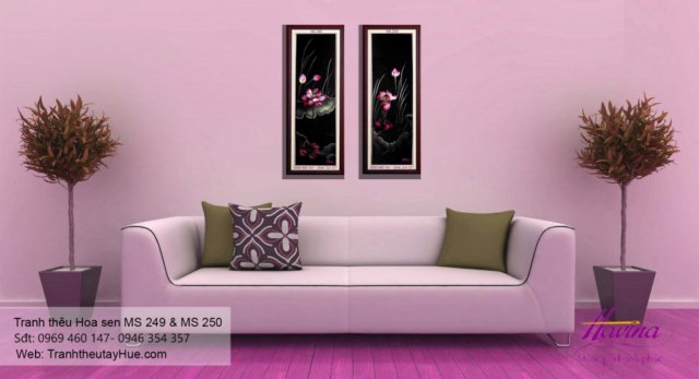 Tranh thêu hoa sen treo phòng khách