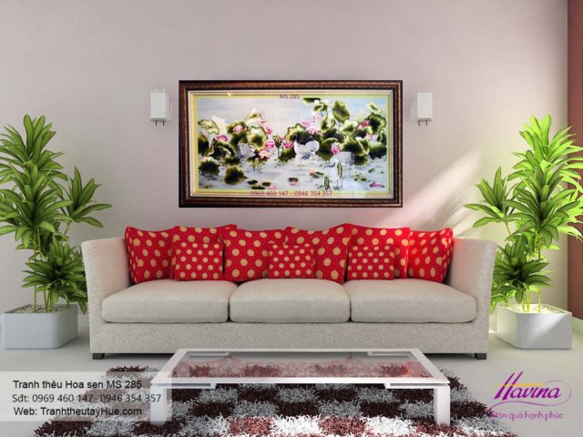 Tranh thêu hoa sen treo phòng khách