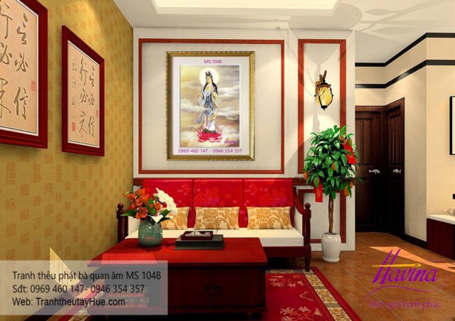 Tranh thêu phật quan âm bồ tát treo phòng khách