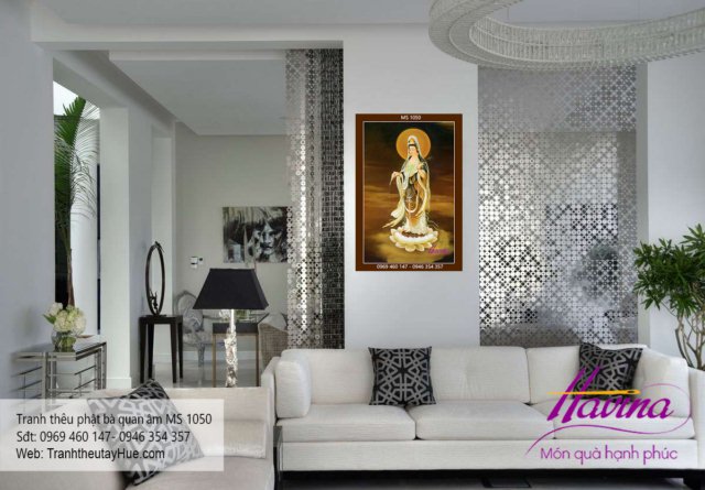 Tranh thêu phật quan âm bồ tát treo phòng khách