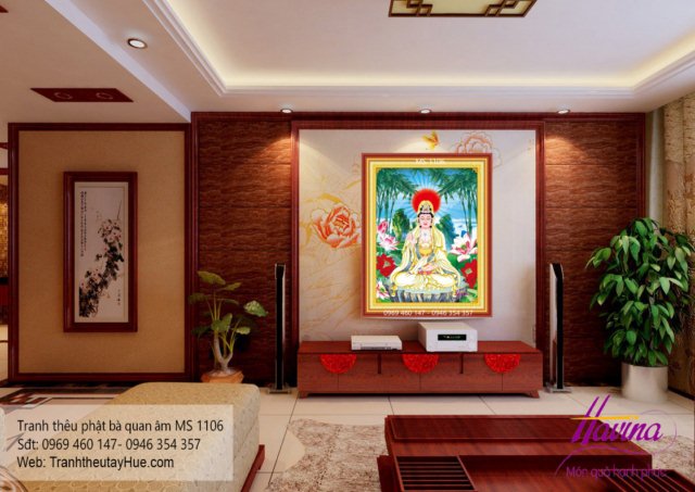 Tranh thêu phật quan âm bồ tát treo phòng khách