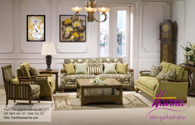 Tranh thêu phật quan âm bồ tát treo phòng khách