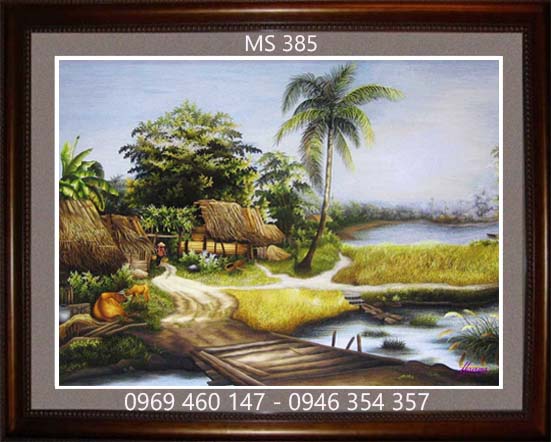 Tranh thêu phong cảnh làng quê treo phòng khách Tranh thêu phong cảnh làng quê treo phòng khách