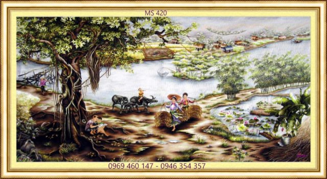 Tranh thêu phong cảnh làng quê Việt Nam treo phòng khách Tranh thêu phong cảnh làng quê Việt Nam treo phòng khách