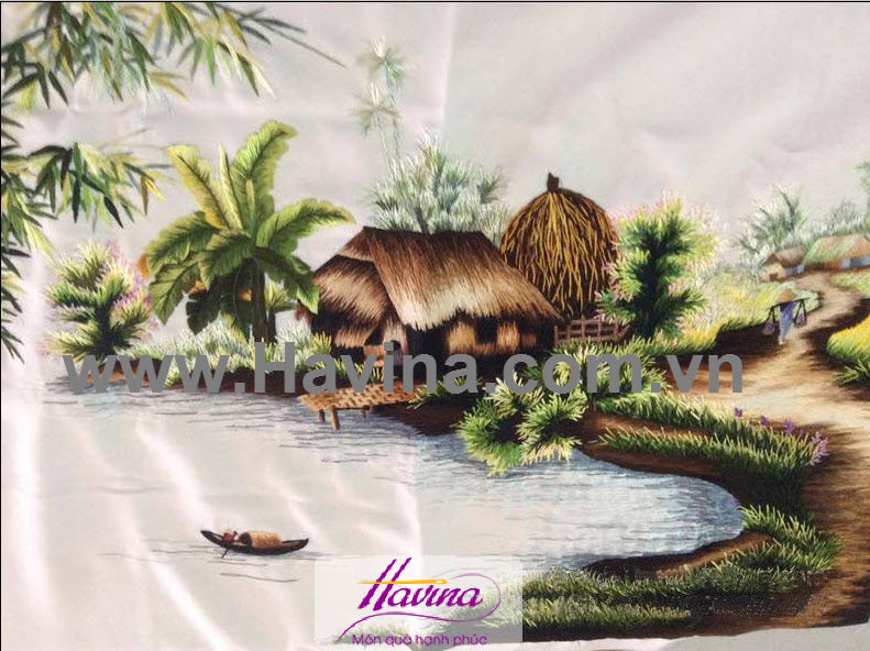 Tranh thêu phong cảnh làng quê Việt Nam