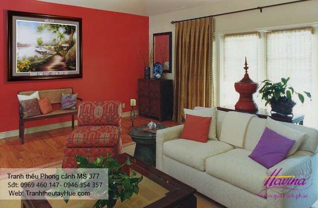 Tranh thêu phong cảnh làng quê treo phòng khách