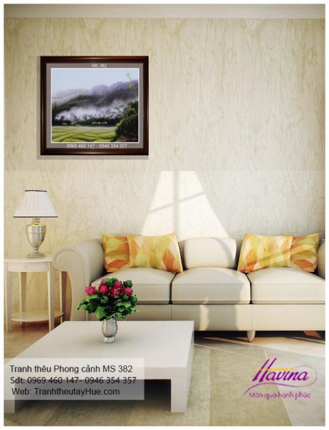 Tranh thêu phong cảnh làng quê treo phòng khách
