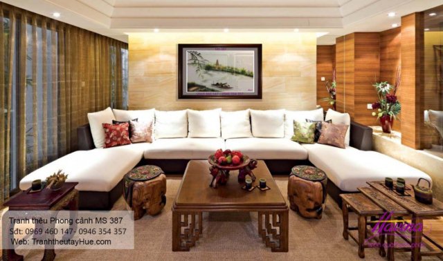 Tranh thêu phong cảnh làng quê treo phòng khách