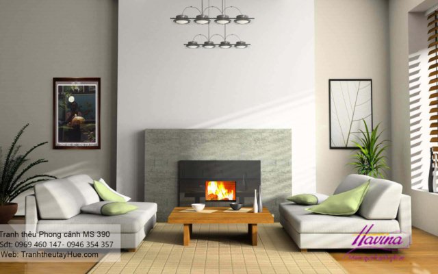 Tranh thêu phong cảnh làng quê treo phòng khách