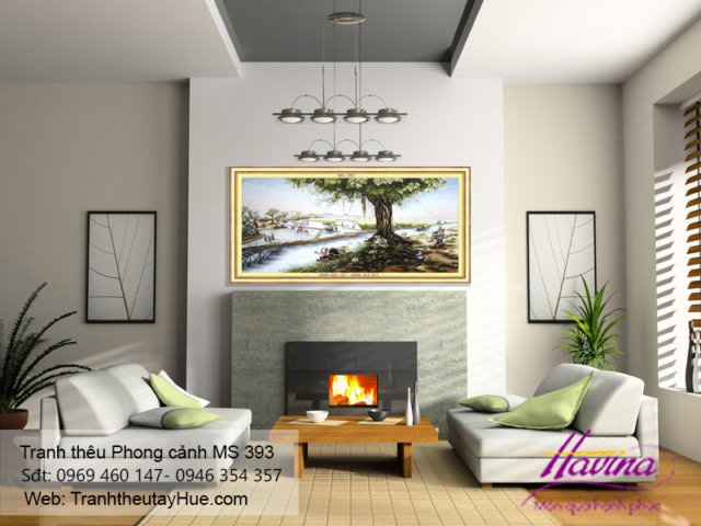 Tranh thêu phong cảnh làng quê treo phòng khách