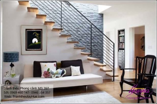 Tranh thêu phong cảnh làng quê treo phòng khách