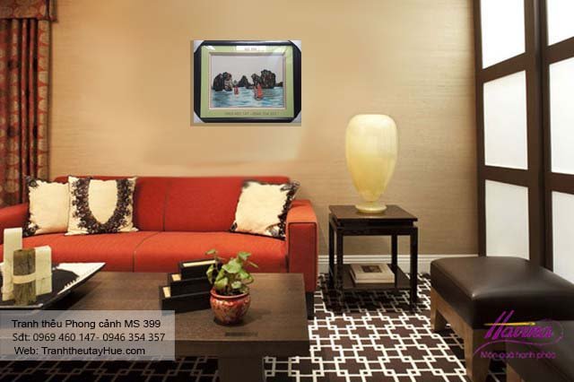 Tranh thêu phong cảnh làng quê treo phòng khách