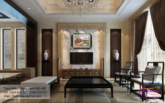 Tranh thêu phong cảnh làng quê treo phòng khách