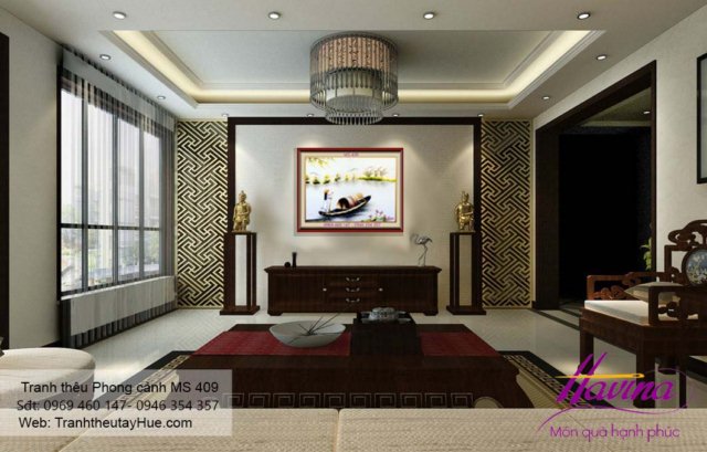 Tranh thêu phong cảnh làng quê treo phòng khách