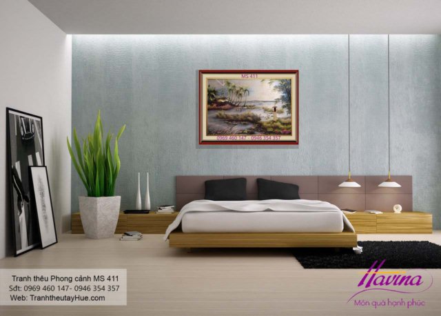 Tranh thêu phong cảnh làng quê treo phòng khách