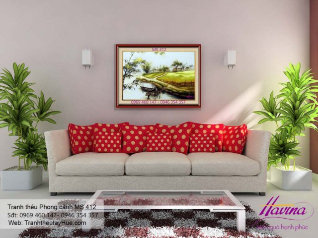 Tranh thêu phong cảnh làng quê treo phòng khách