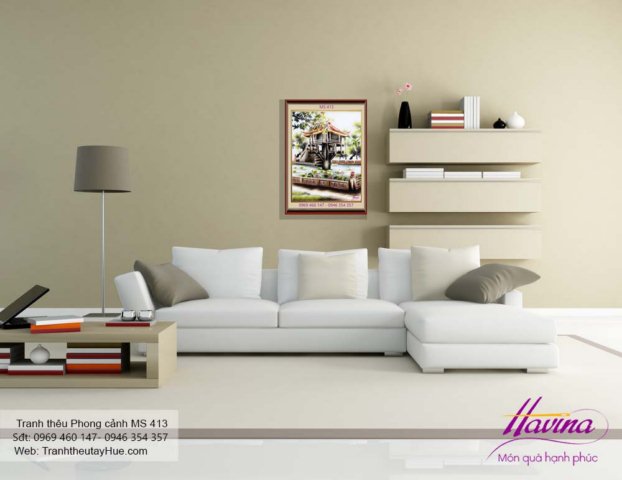 Tranh thêu phong cảnh làng quê treo phòng khách