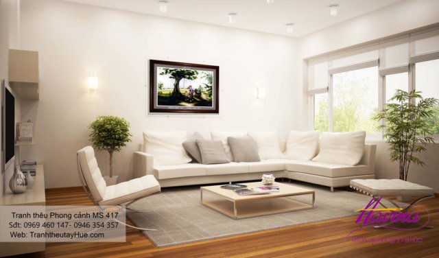 Tranh thêu phong cảnh làng quê treo phòng khách