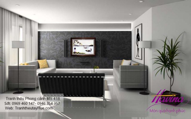 Tranh thêu phong cảnh làng quê treo phòng khách