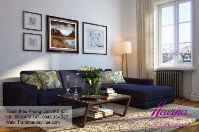 Tranh thêu phong cảnh làng quê treo phòng khách