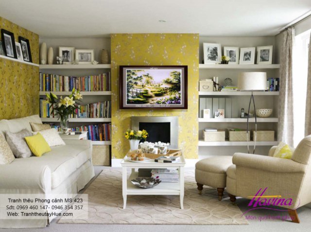 Tranh thêu phong cảnh làng quê treo phòng khách